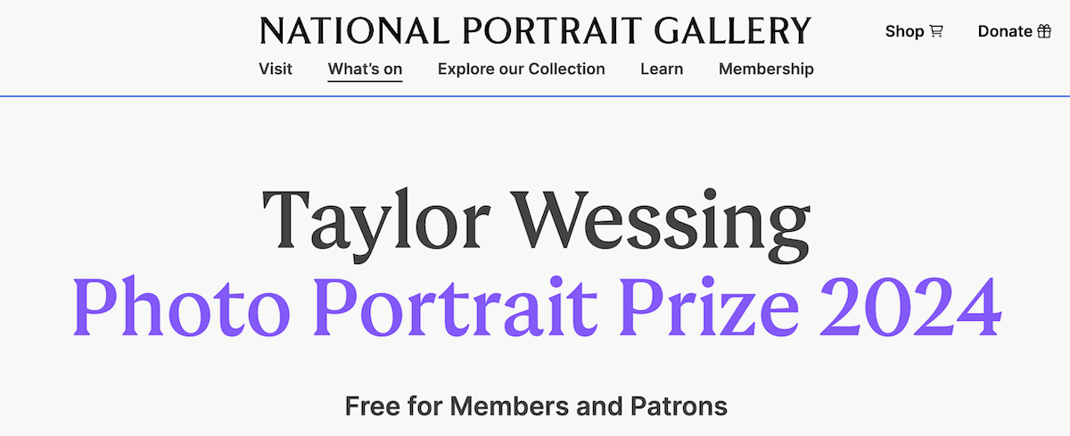 A web page from the National Portrait Gallery featuring an award for photo portrait of Taylor Wessing.