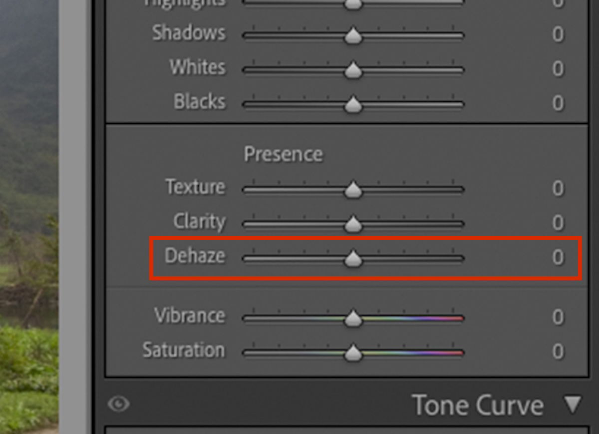 screenshot of lightroom classic dehaze slider