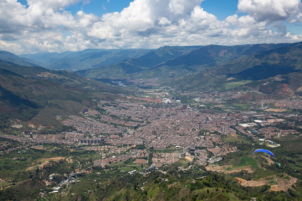 photograph of a small city from the air with dehaze