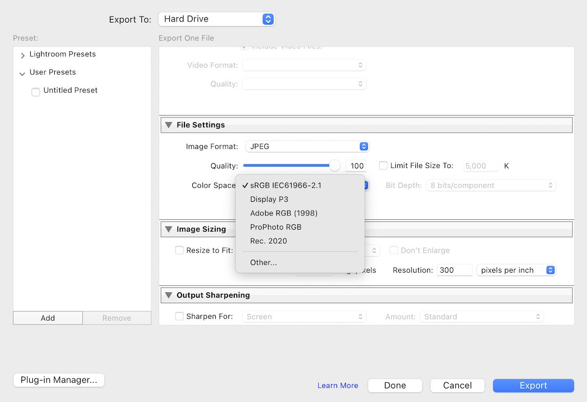 screenshot of lightroom export box