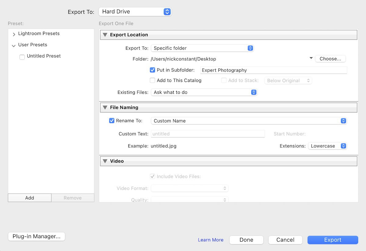 screenshot of lightroom export box