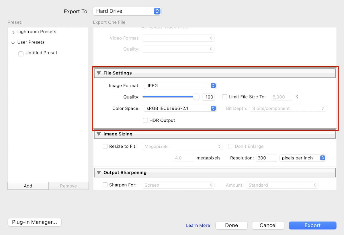 screenshot of lightroom export box