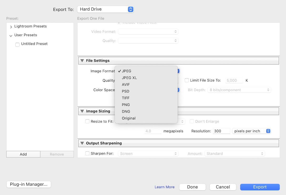 screenshot of lightroom export box