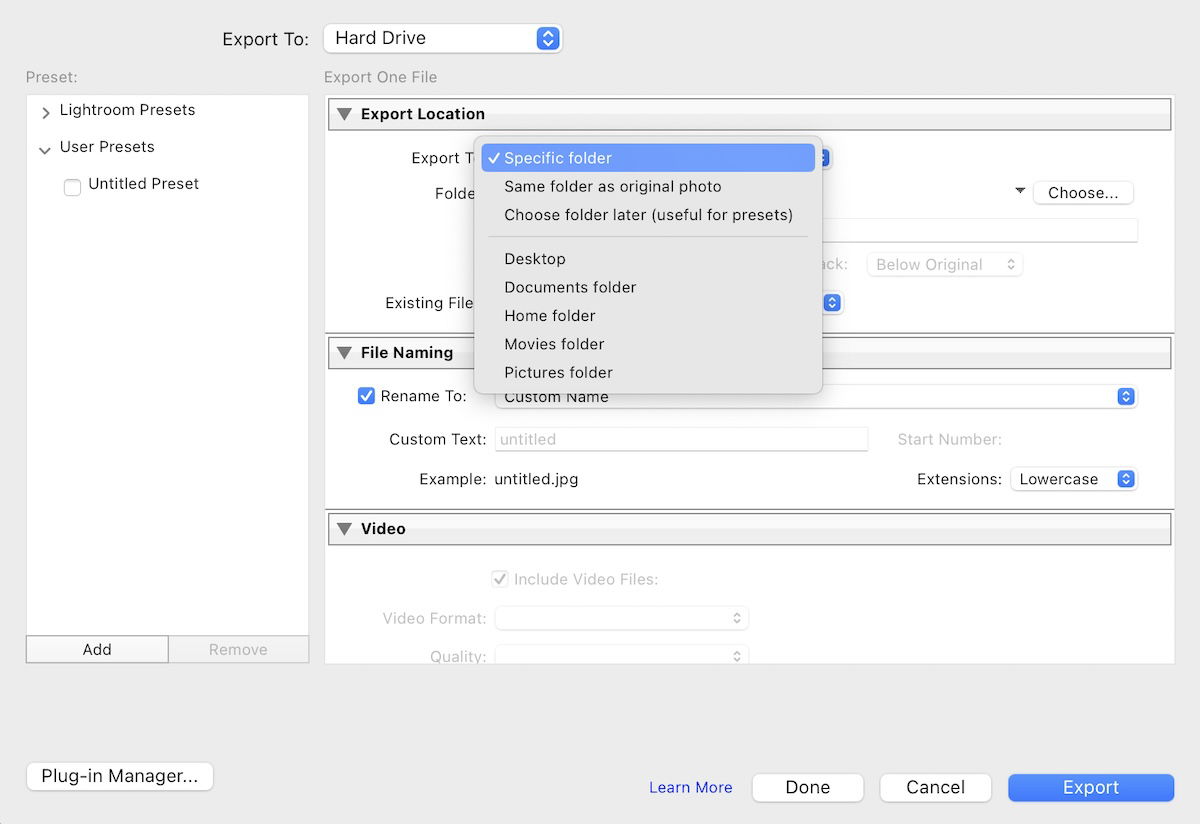 screenshot of lightroom export box