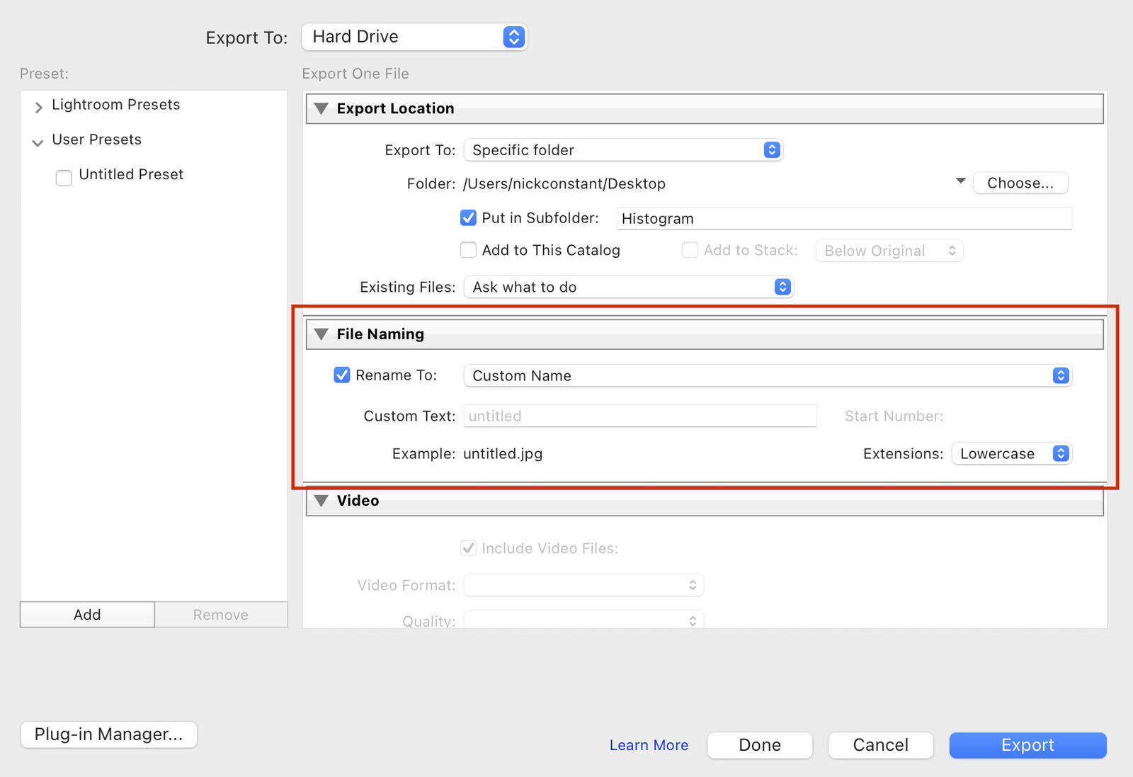 screenshot of lightroom export box