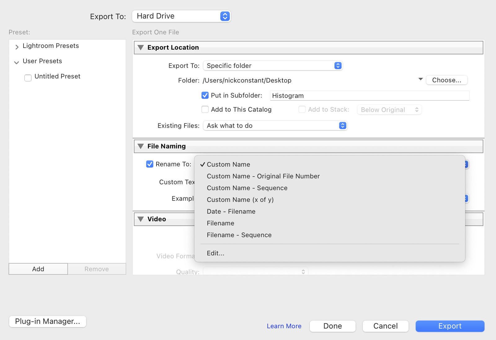 screenshot of lightroom export box