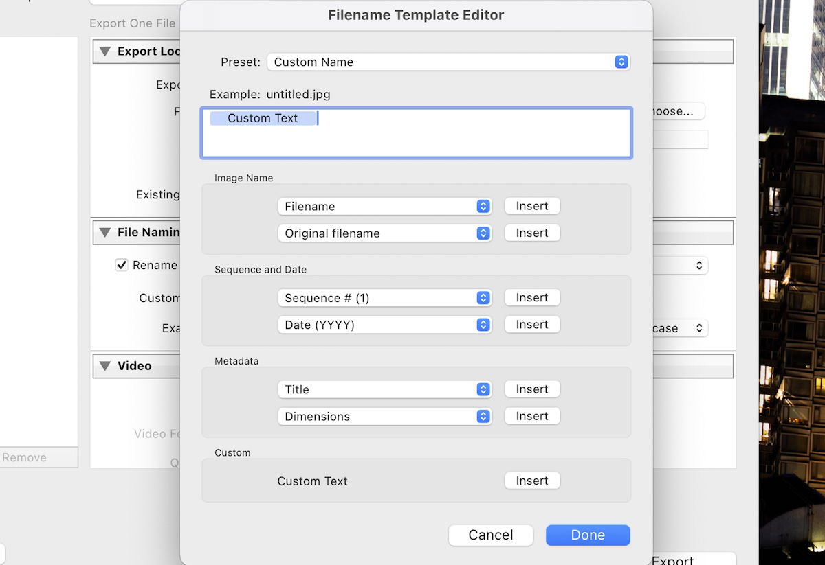 screenshot of lightroom export box