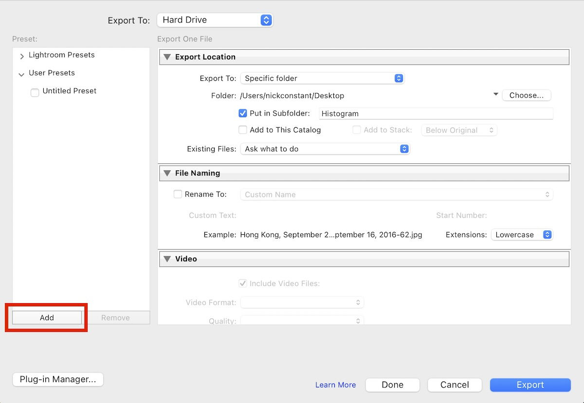 screenshot of lightroom export box