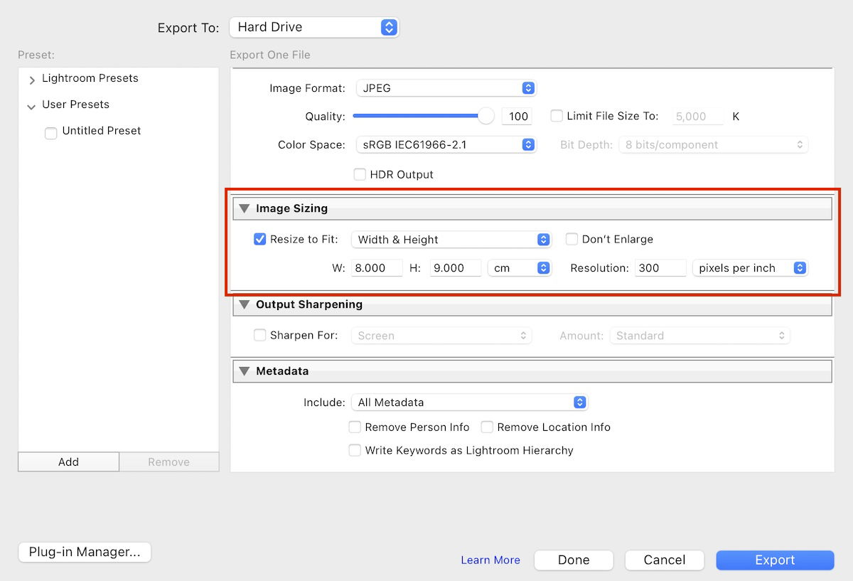 screenshot of lightroom export box