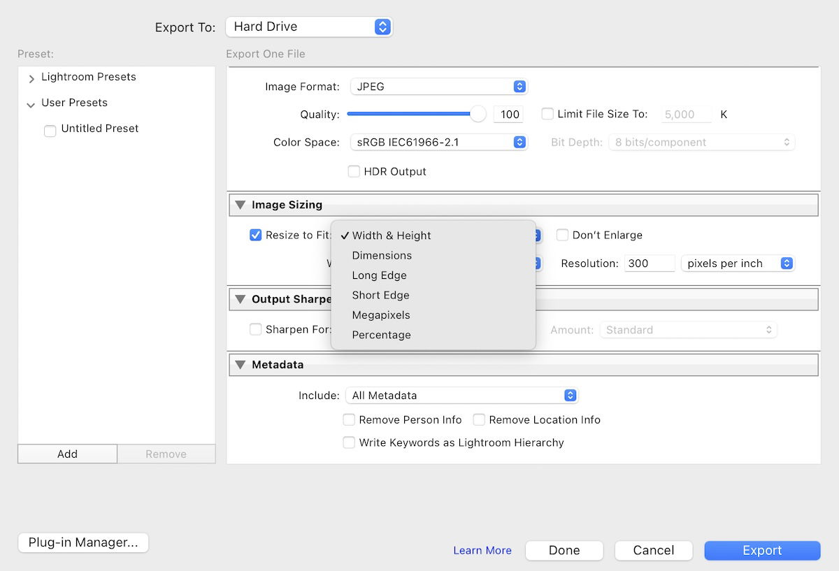 screenshot of lightroom export box