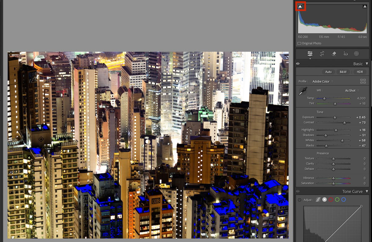 screenshot of lightroom image showing clipped darks