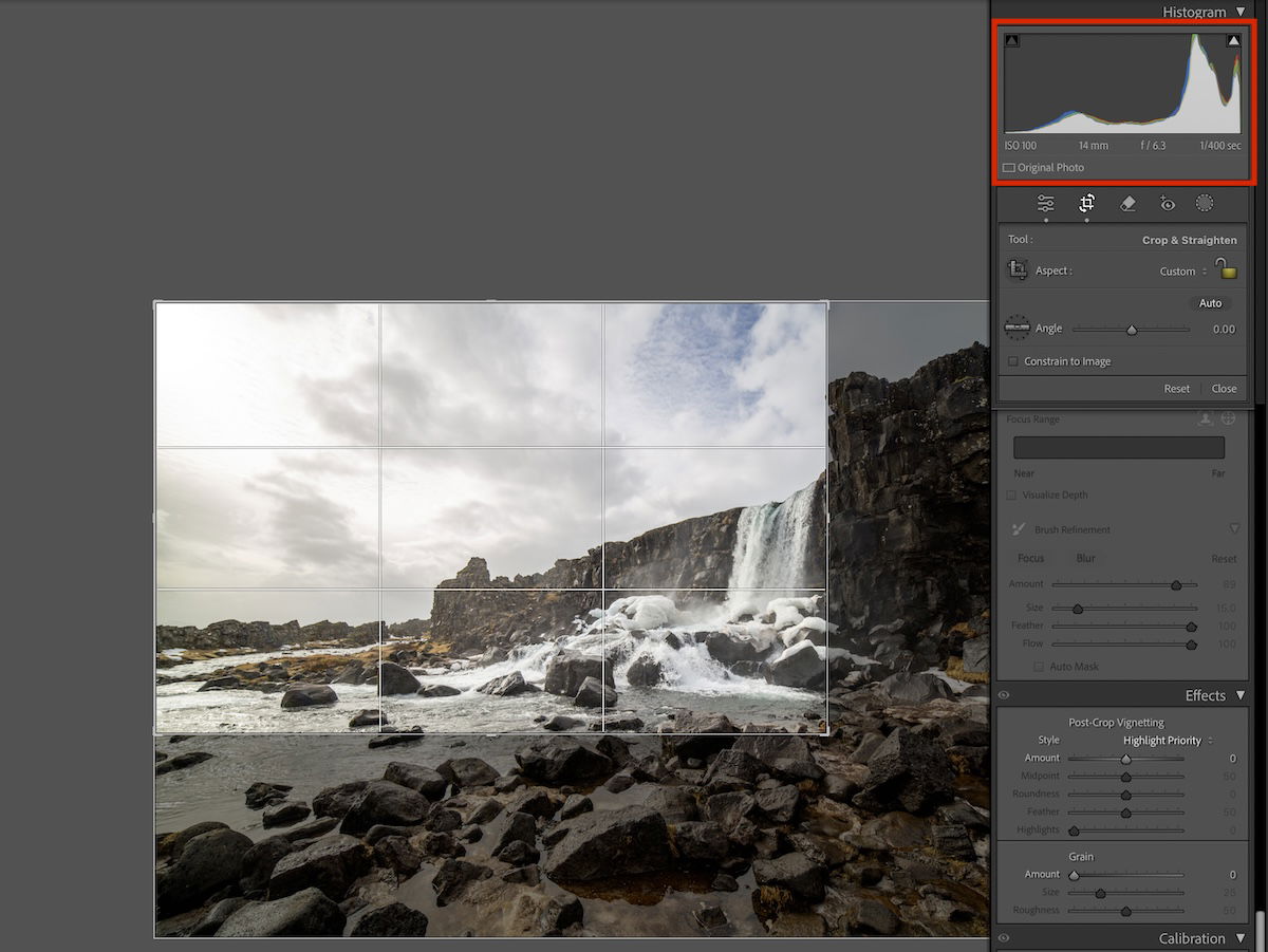 screenshot of lightroom image crop and histogram