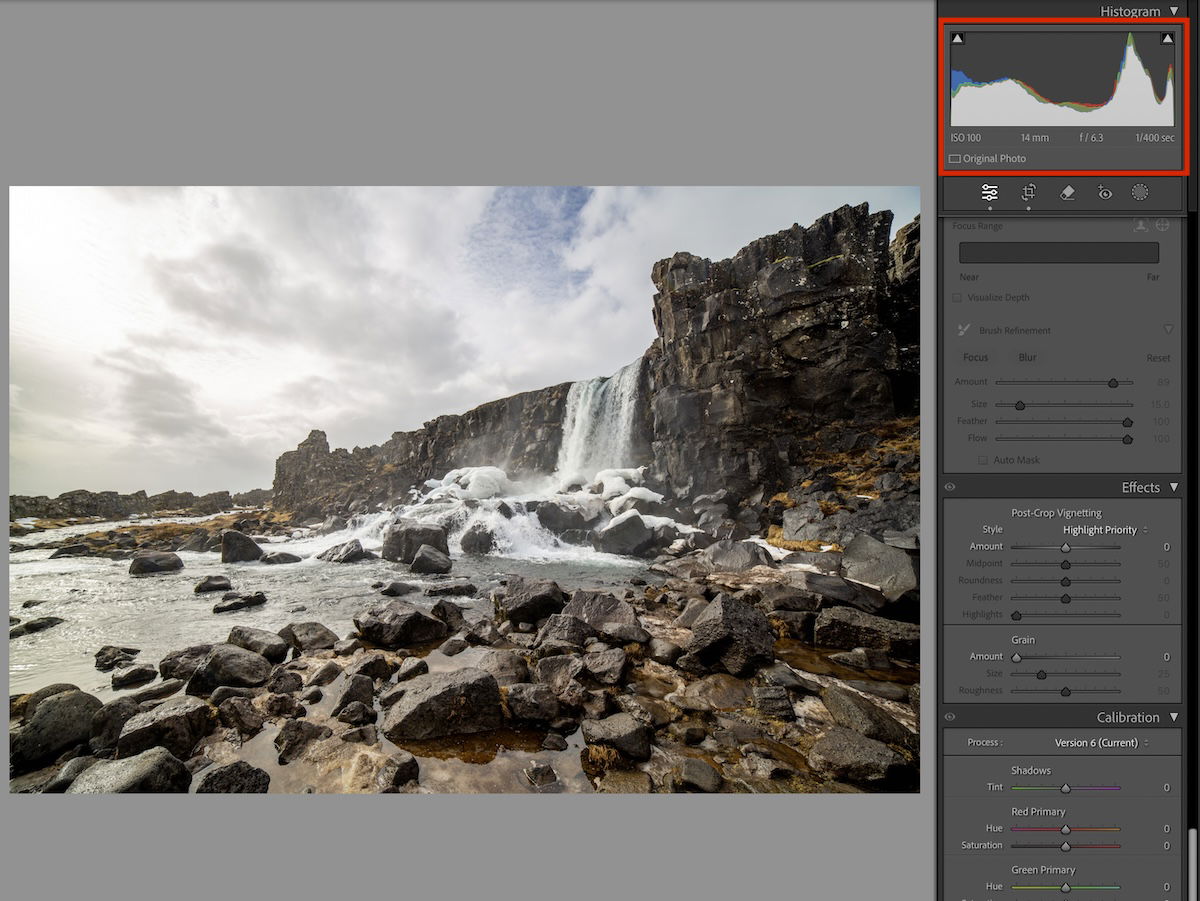 screenshot of lightroom image and histogram