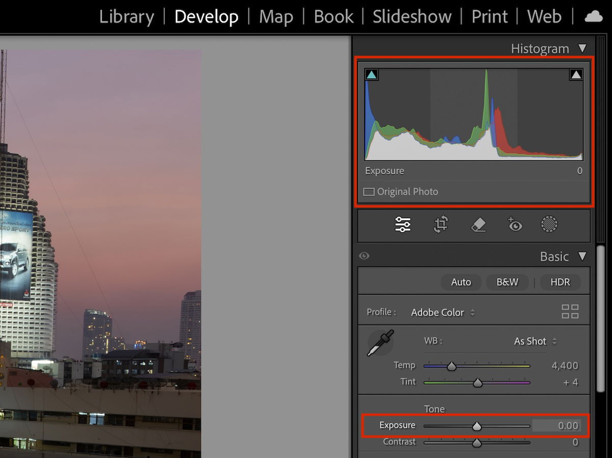 screenshot of lightroom photo and histogram