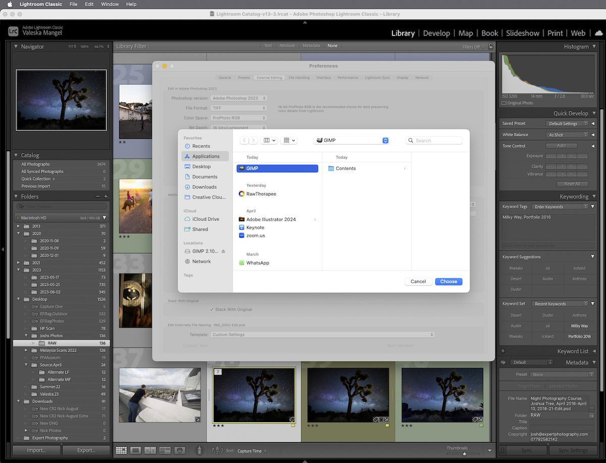 screenshot of lightroom classic browsing for applications