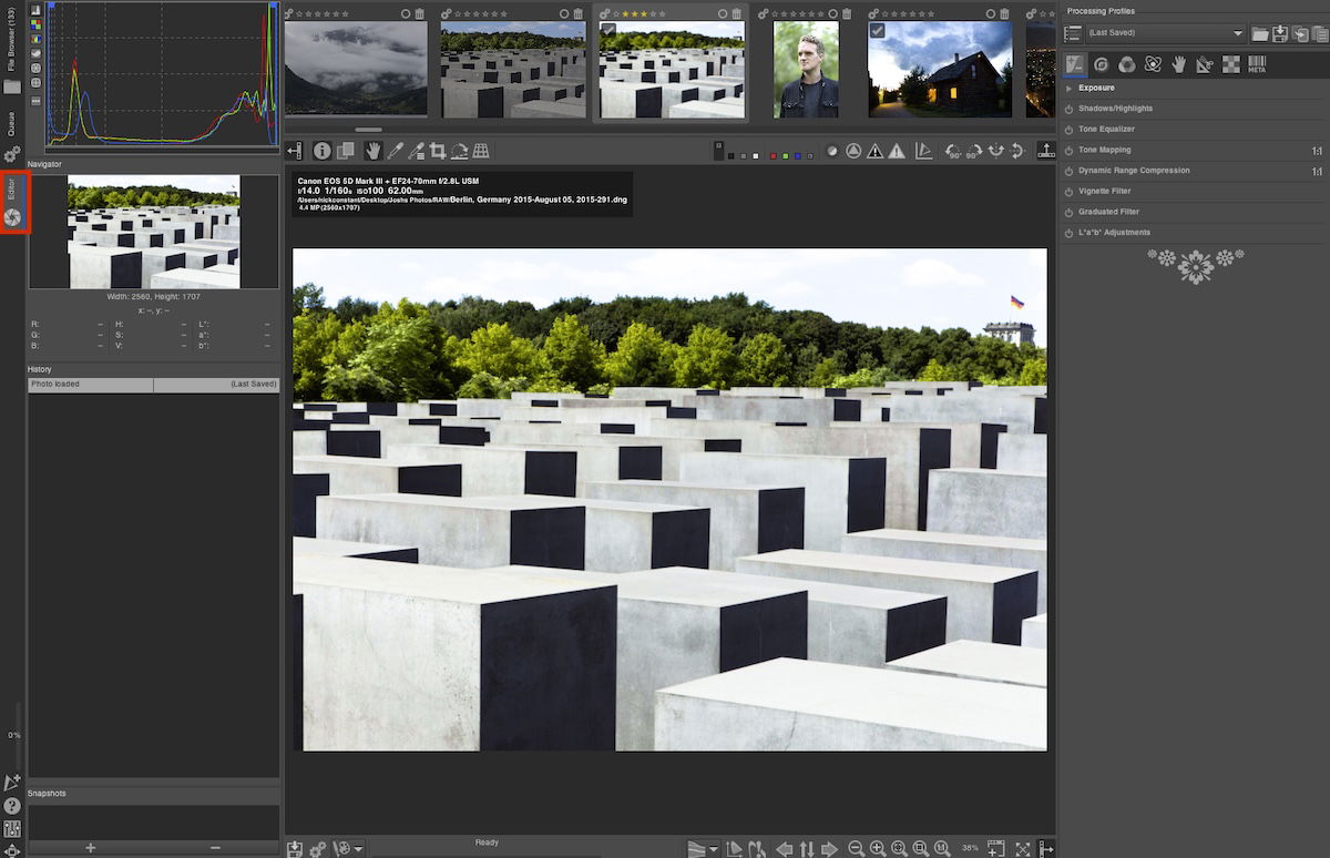 screenshot of rawtherapee interface