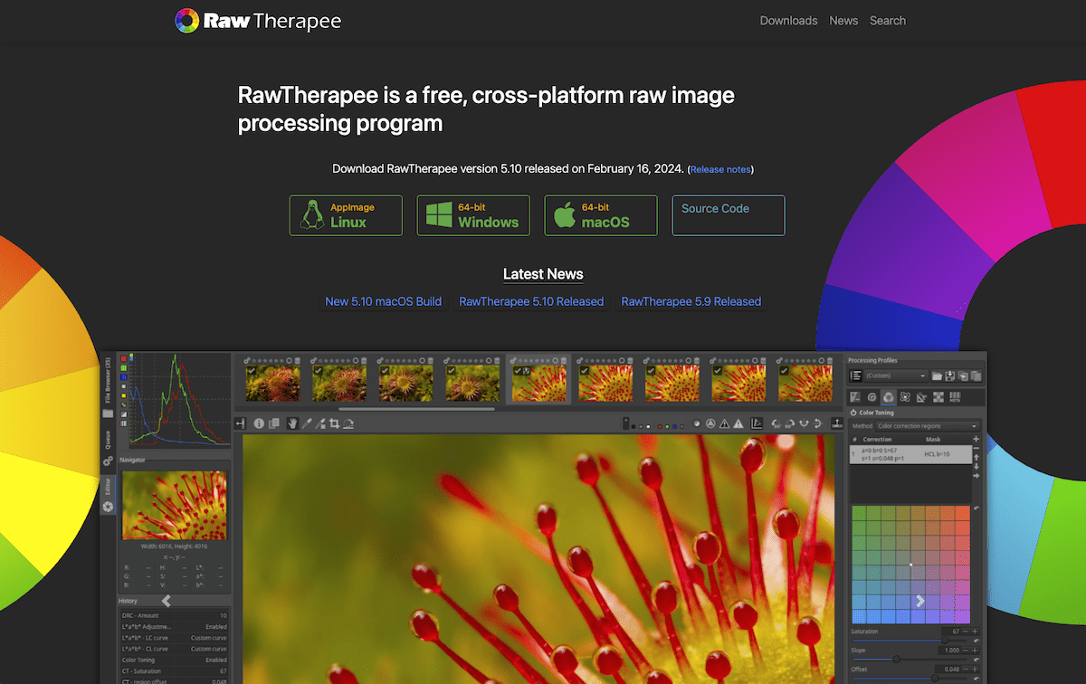 screenshot of rawtherapee website