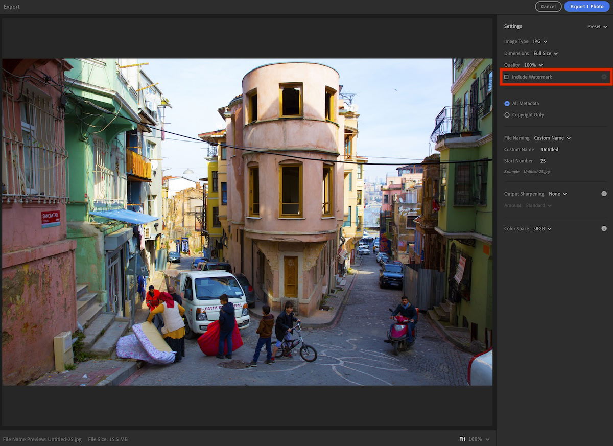 screenshot of exporting in lightroom