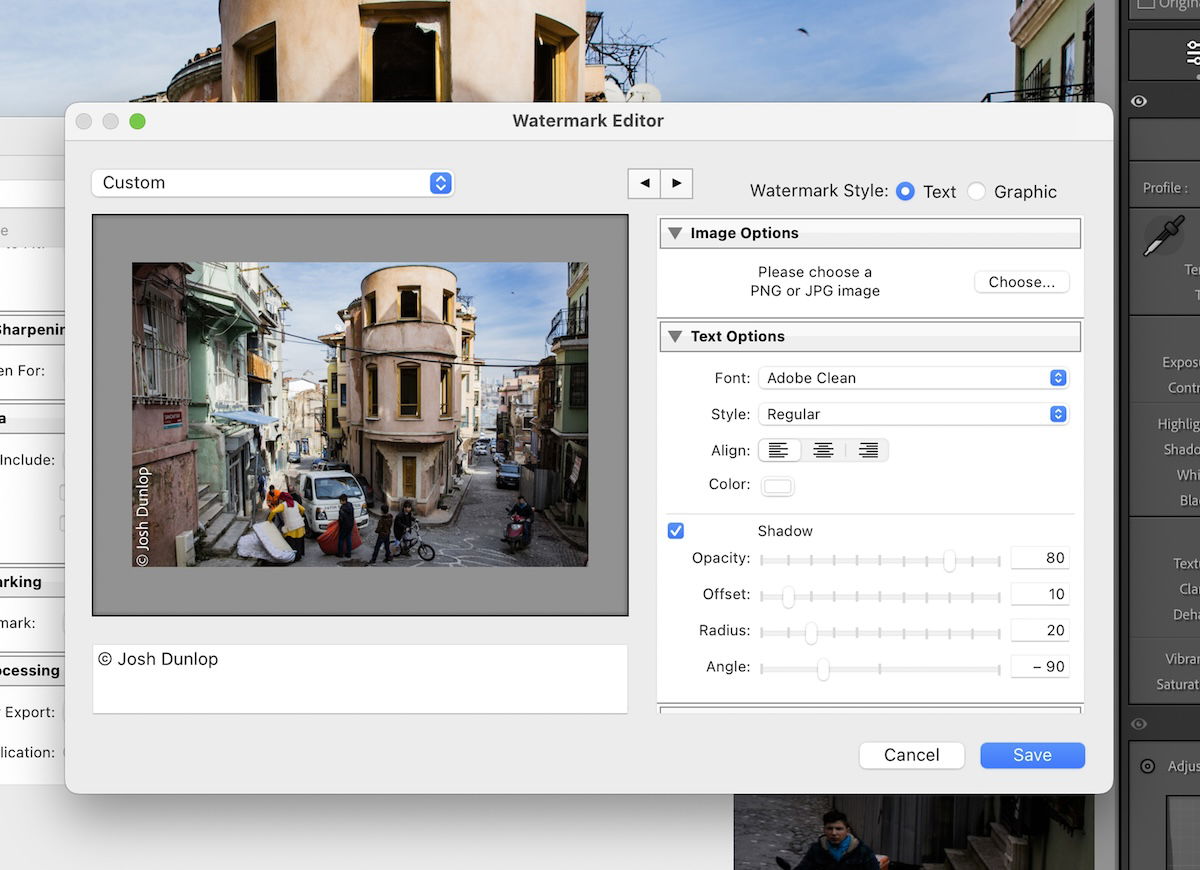 screenshot of watermark editor in lightroom classic