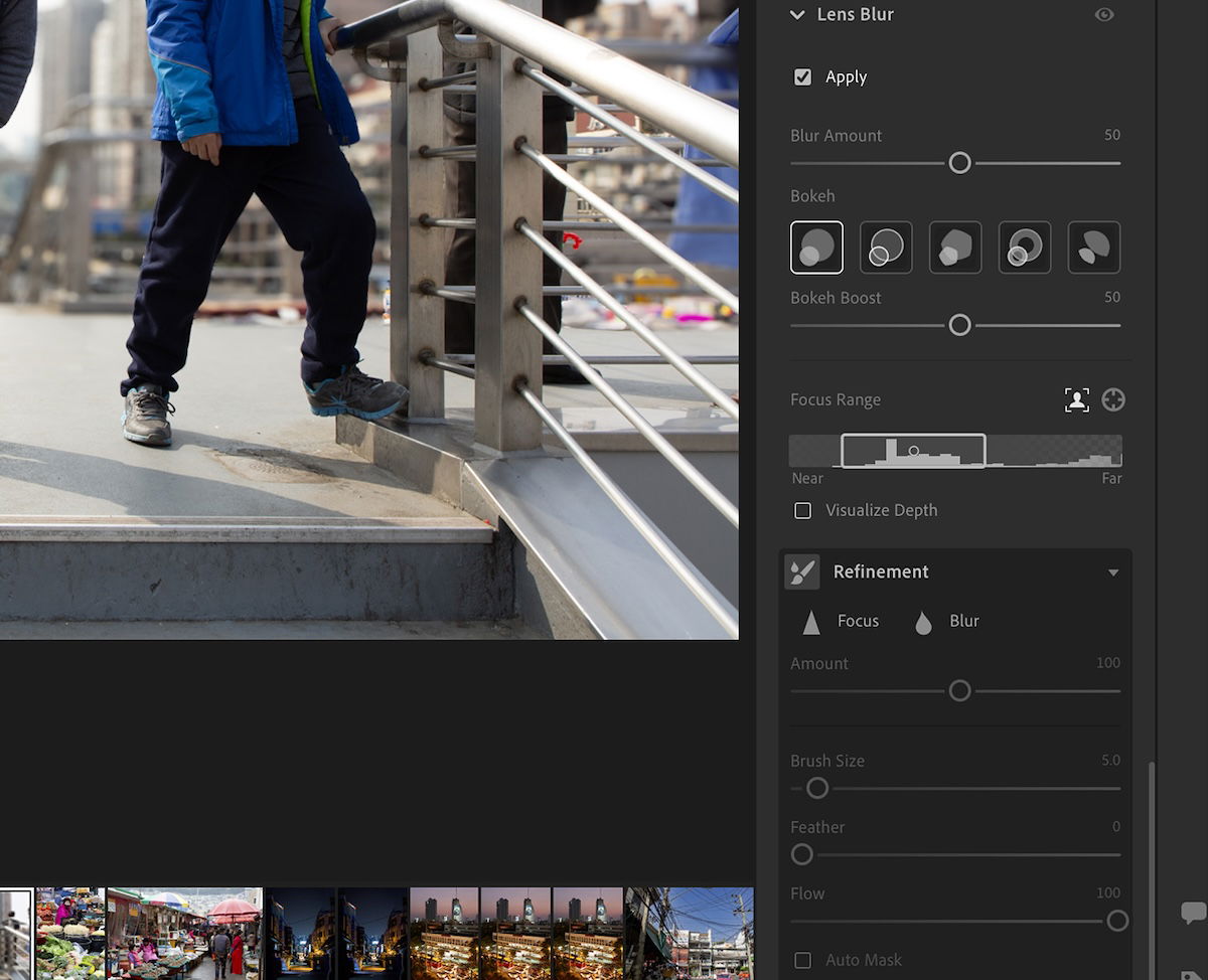 screenshot of lightroom interface lens blur section