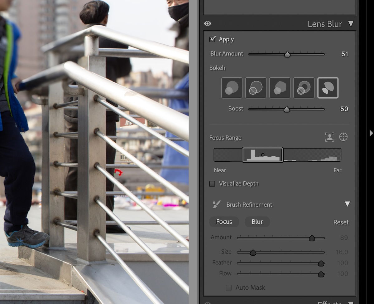 screenshot of lightroom classic interface lens blur section