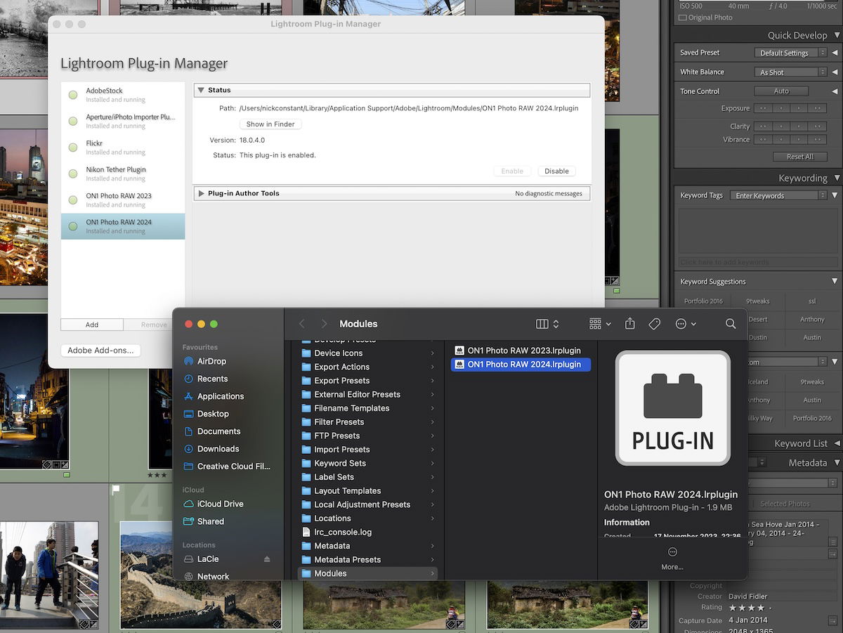 screenshot of lightroom locating plug ins