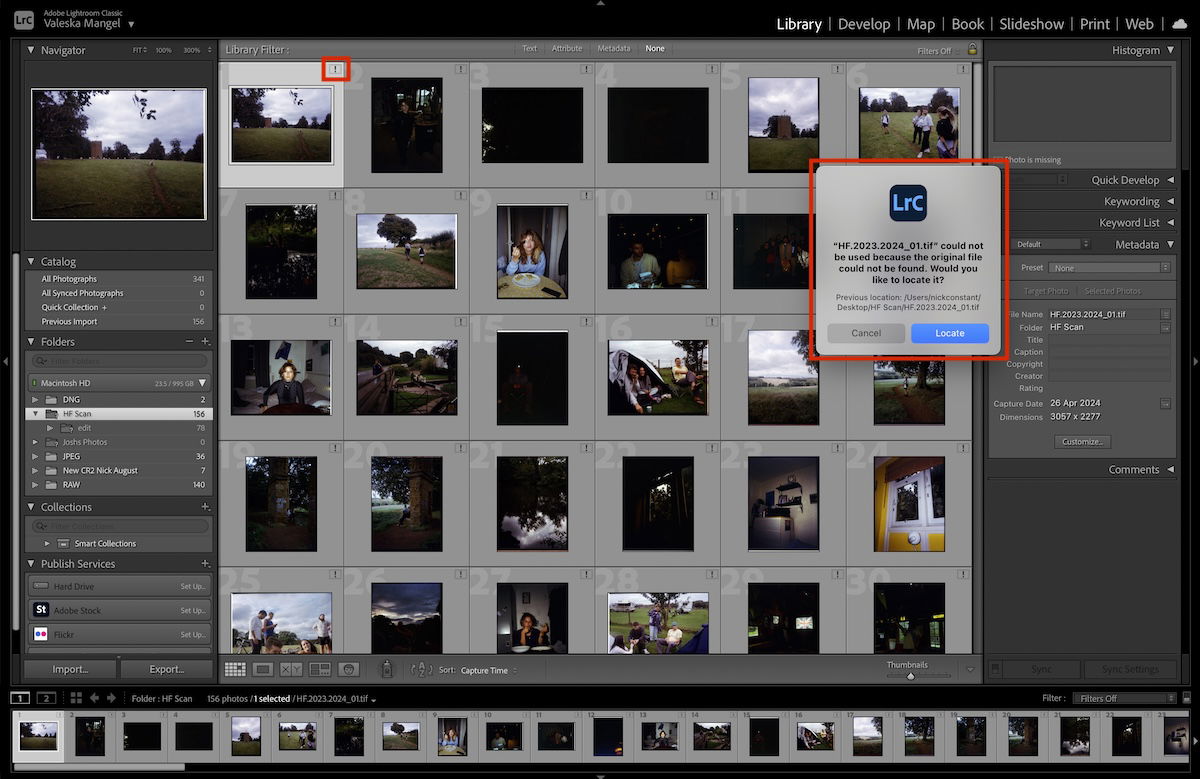 screenshot of lightroom with unlinked photos