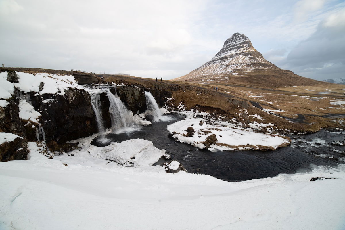 RAW image of snowy mountain with waterfall from lightroom