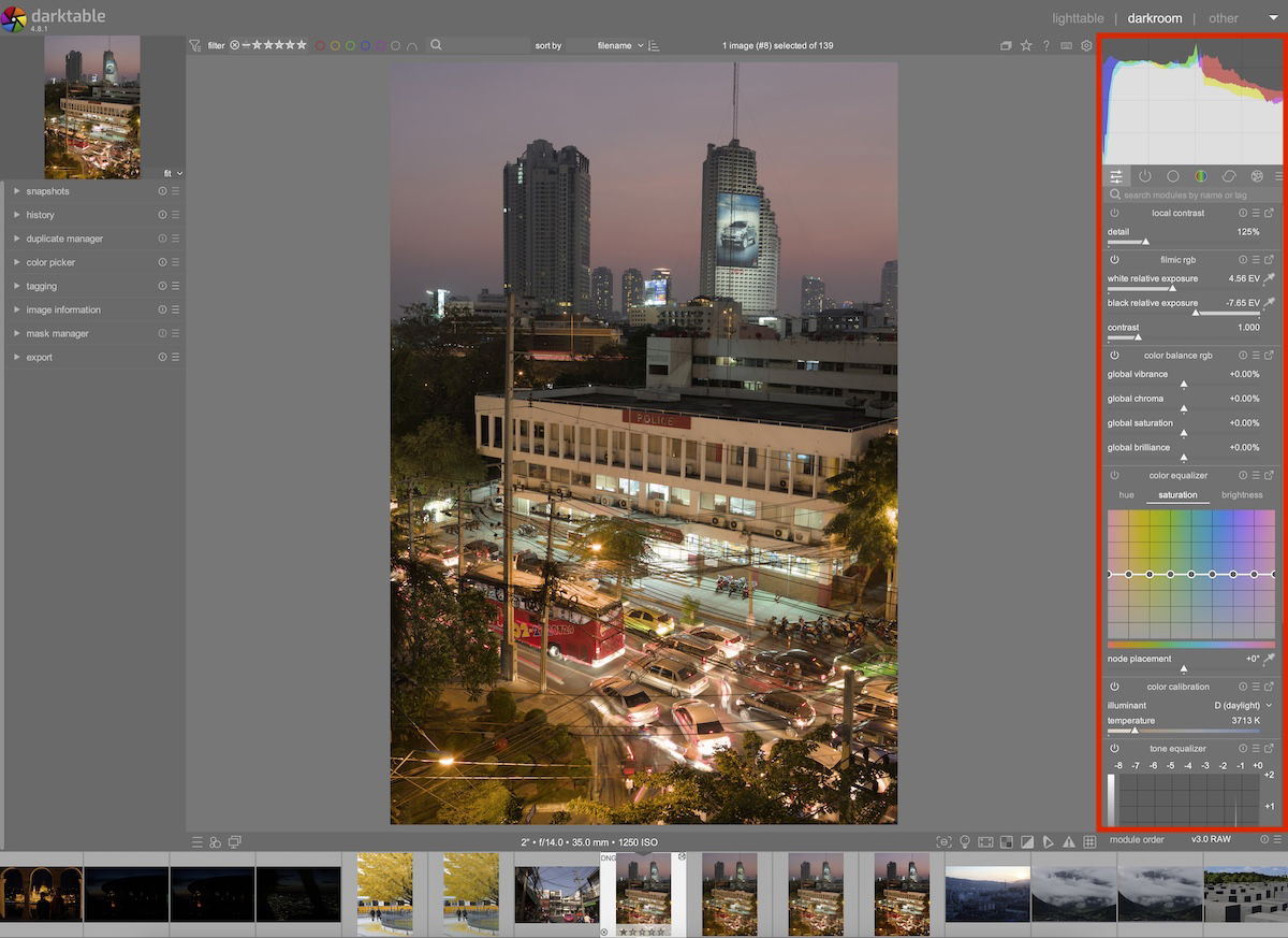 screenshot of darktable editing interface highlighting editing options