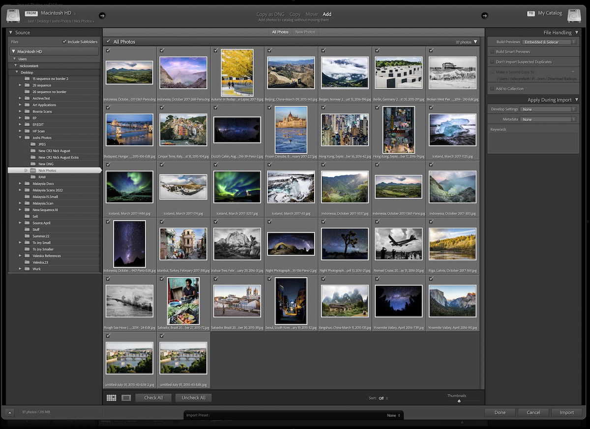 screenshot of lightroom import interface