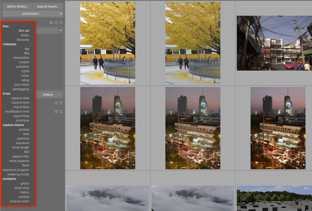 screenshot of darktable library interface highlight sorting options