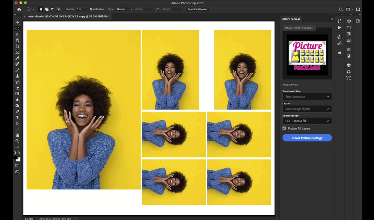 screenshot of a picture of a woman repeated 7 times on a single document on photoshop