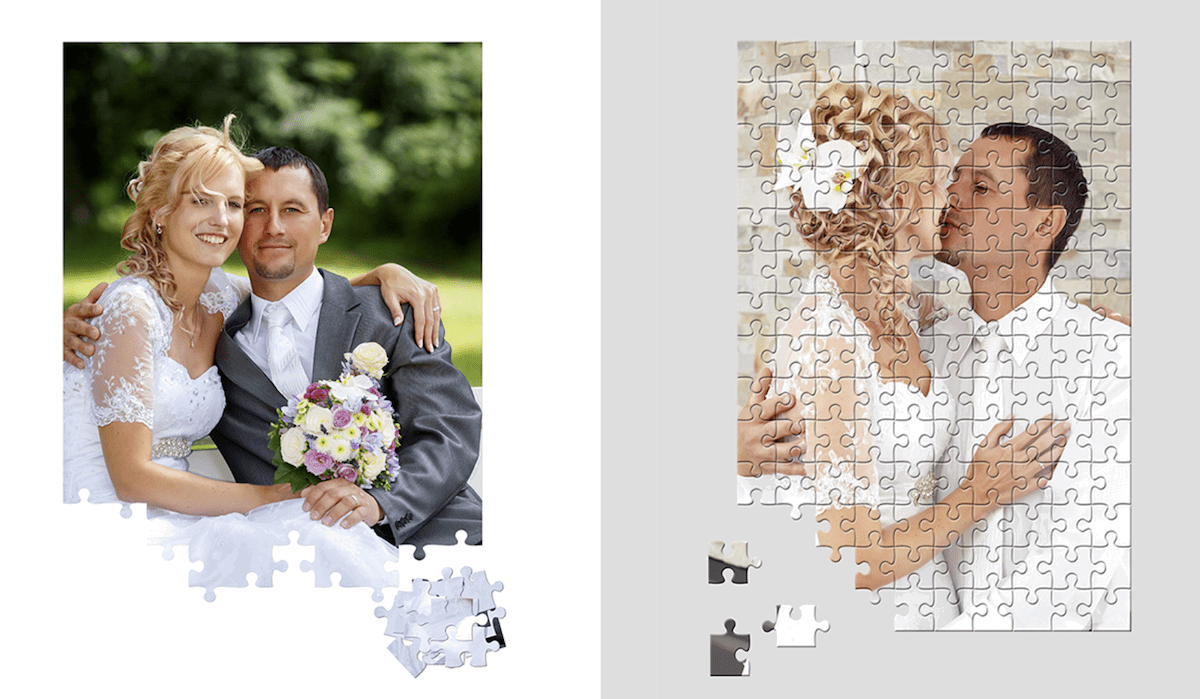 photographs of couple at wedding in a puzzle