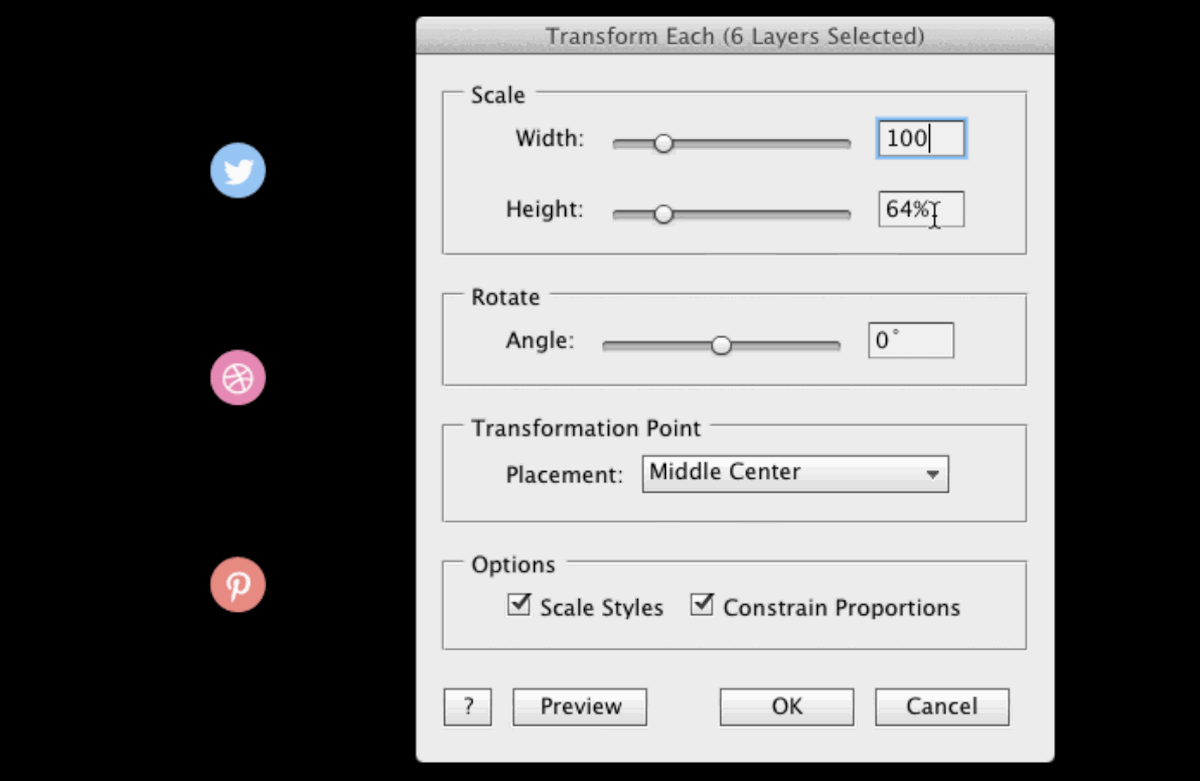 screenshot of transform each photoshop plugin