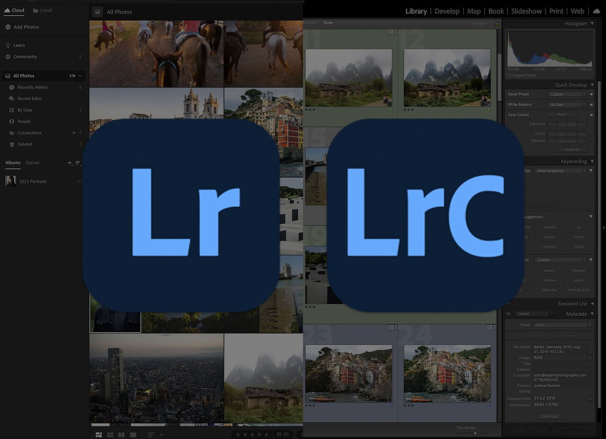 graphic showing lightroom vs lightroom classic logos and faded interface