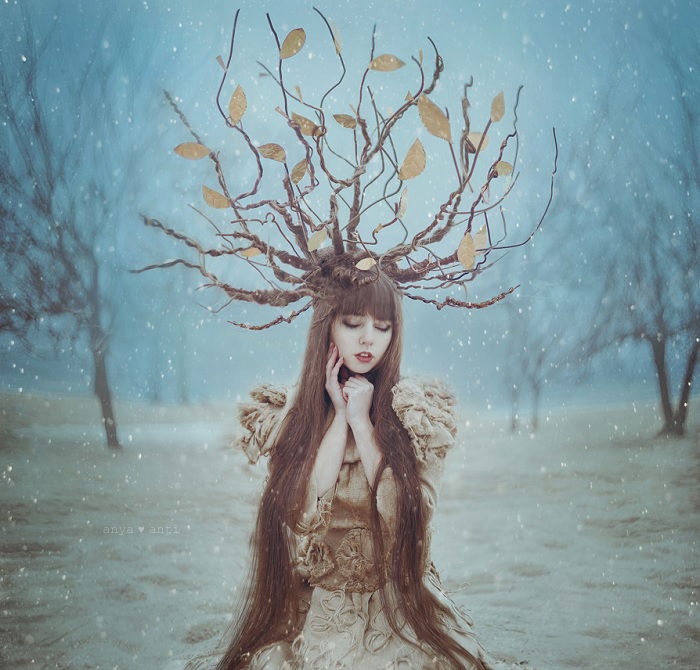 Tree woman with long brown hair